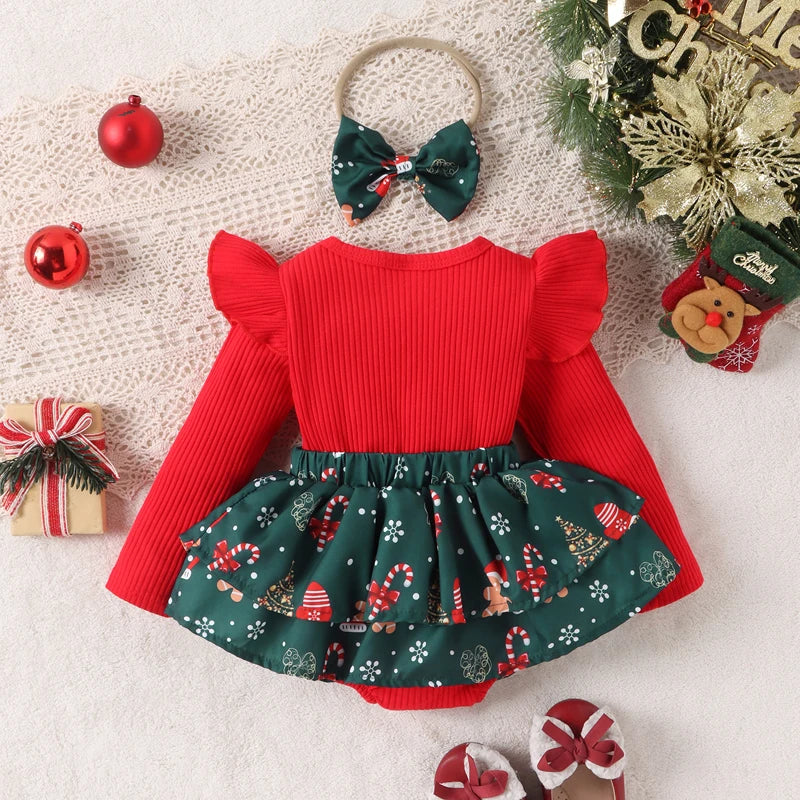 Infant Christmas Romper with Bow Headband