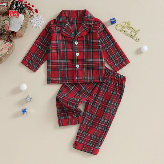 Christmas Pajamas Set Plaid Button Up